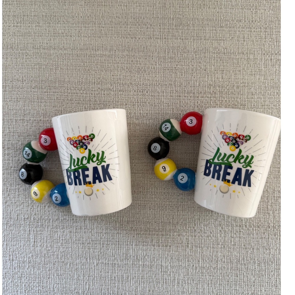 Set of 2 Sip of Art Lucky Break Mugs 12oz Pool Ball Handle Billiards Coffee Cup